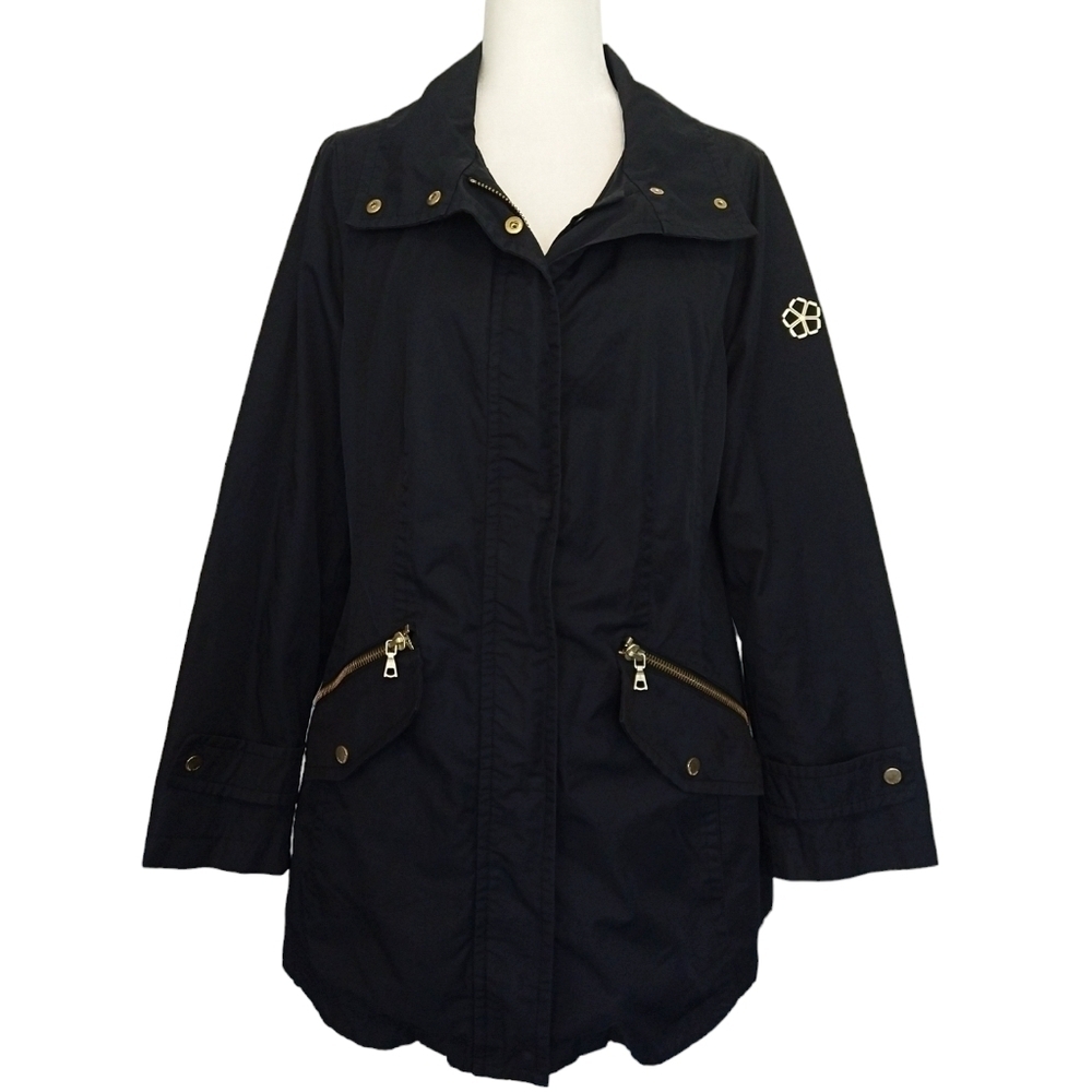 Trina Turk Black Full Zip Trench Coat Gold Accents Outdoors Classic